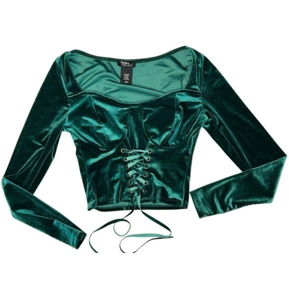 Womens Long Sleeve Lace Up Corset Top Size S Velvet Romantic‎ Goth Fairy Forest - Picture 2 of 13